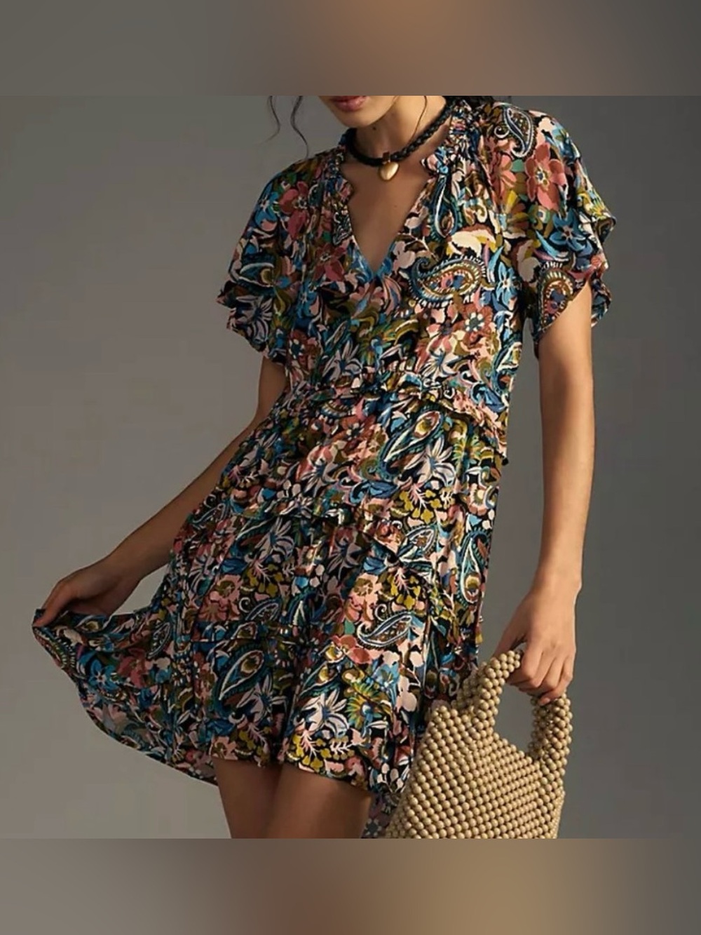 Anthropologie Black and Multicolor Floral Patterned Mini Dress - Size M